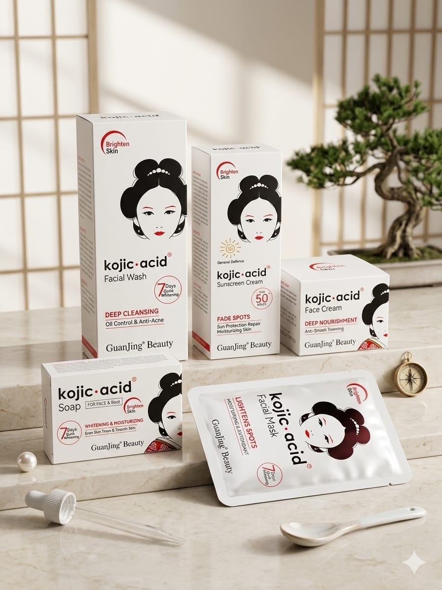 GuanJing Beauty Kojic Acid 5-in-1 Skincare Combo Set – Facial Wash, Soap, Face Cream, Sheet Mask, and Sunscreen Kit for Glowing Skin 1