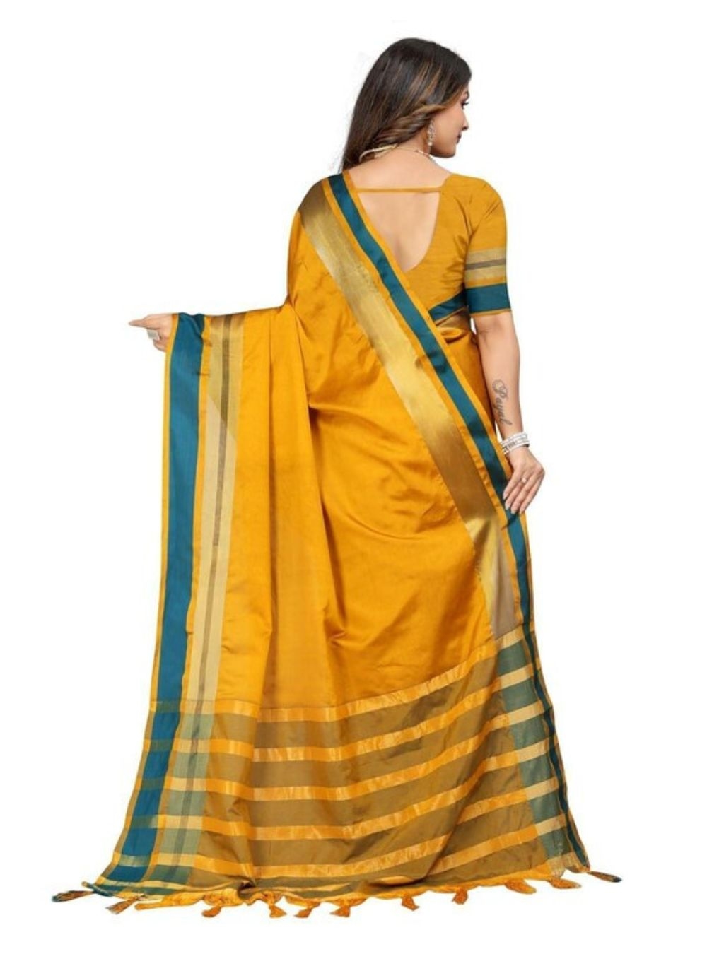 Women's Cotton Blend Saree With Unstitched Blouse Piece  3