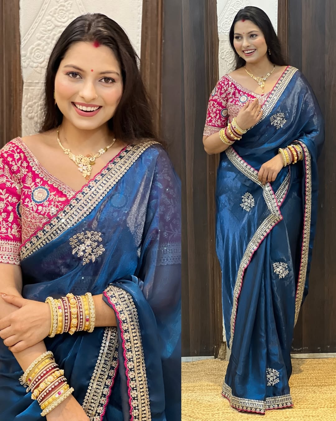 Shivshakti Collection Satin silk saree with beautiful flower work Blouse 2