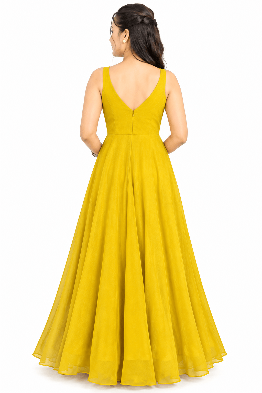 Mustard Yellow Sleeveless Flared Maxi Dress for Women | Elegant Long Anarkali Gown 2