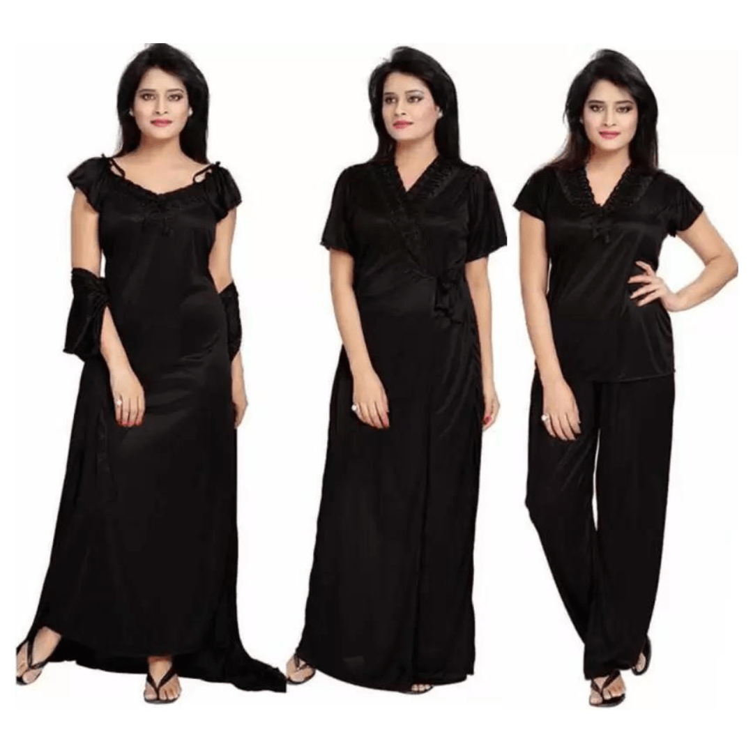 Silk Bridal Nightgown Set Stylish Fancy Bridal Nighty Set For Women Free Size Black Color 1