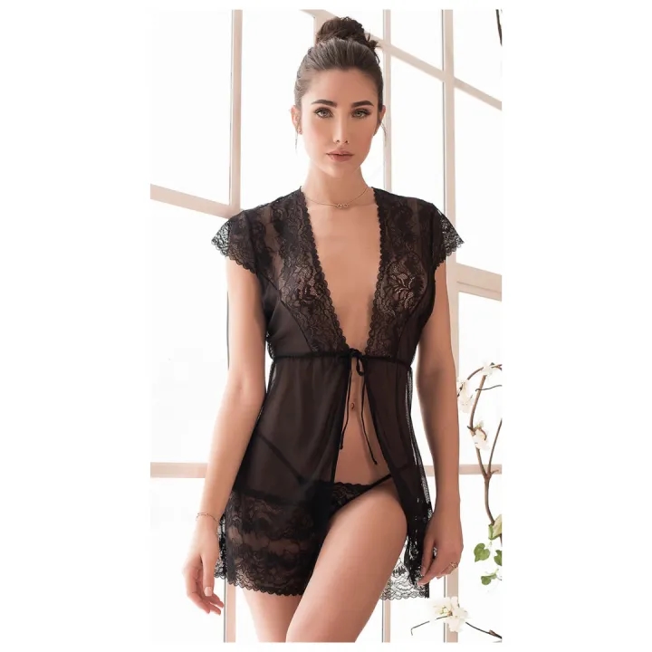 Babydoll Lingerie Above Knee Women Lace Net Floral Nightwear With G String Panty Free Size Black Color 6