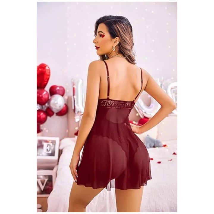 Babydoll Lingerie for Women Floral Snap Crotch Teddy Chemise Nightie Lace Nightgown For Women Free Size Maroon Color 5