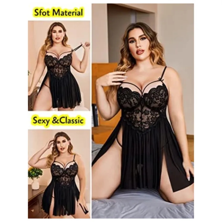 Women Sexy Nightwear Lingerie Babydoll NightDress With G String Panty Free Size Black Color 3