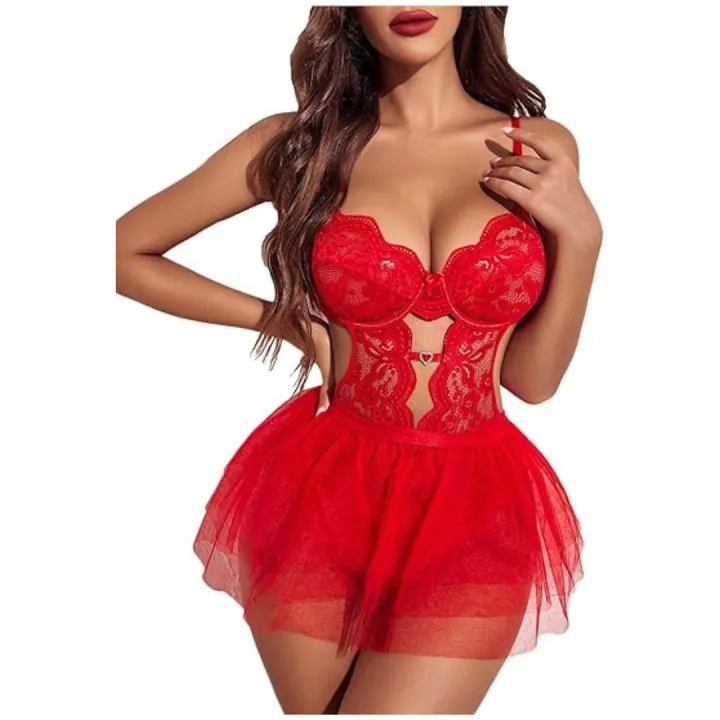 Lingerie Set Lace Underwired Bodysuit with Detachable Mesh Mini Skirt Push Up Teddy Lingerie Red Color Free Size 1