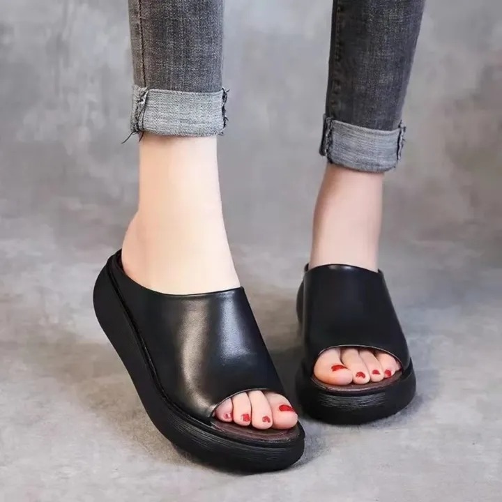 2023 Ethnic Slippers Women Leather Fish Mouth Drag Thick Bottom Comfortable Retro Luxurious Sandal - Fashion | 1