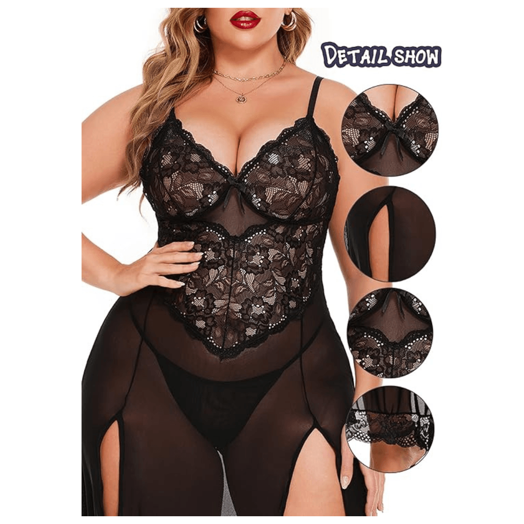 Women Nightdress Maxi Lingerie Lace Babydoll Sleepwear For Honeymoon First Night Bridal Nightdress Free Size Black Color 3