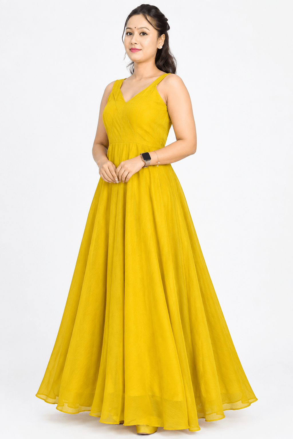 Mustard Yellow Sleeveless Flared Maxi Dress for Women | Elegant Long Anarkali Gown 1