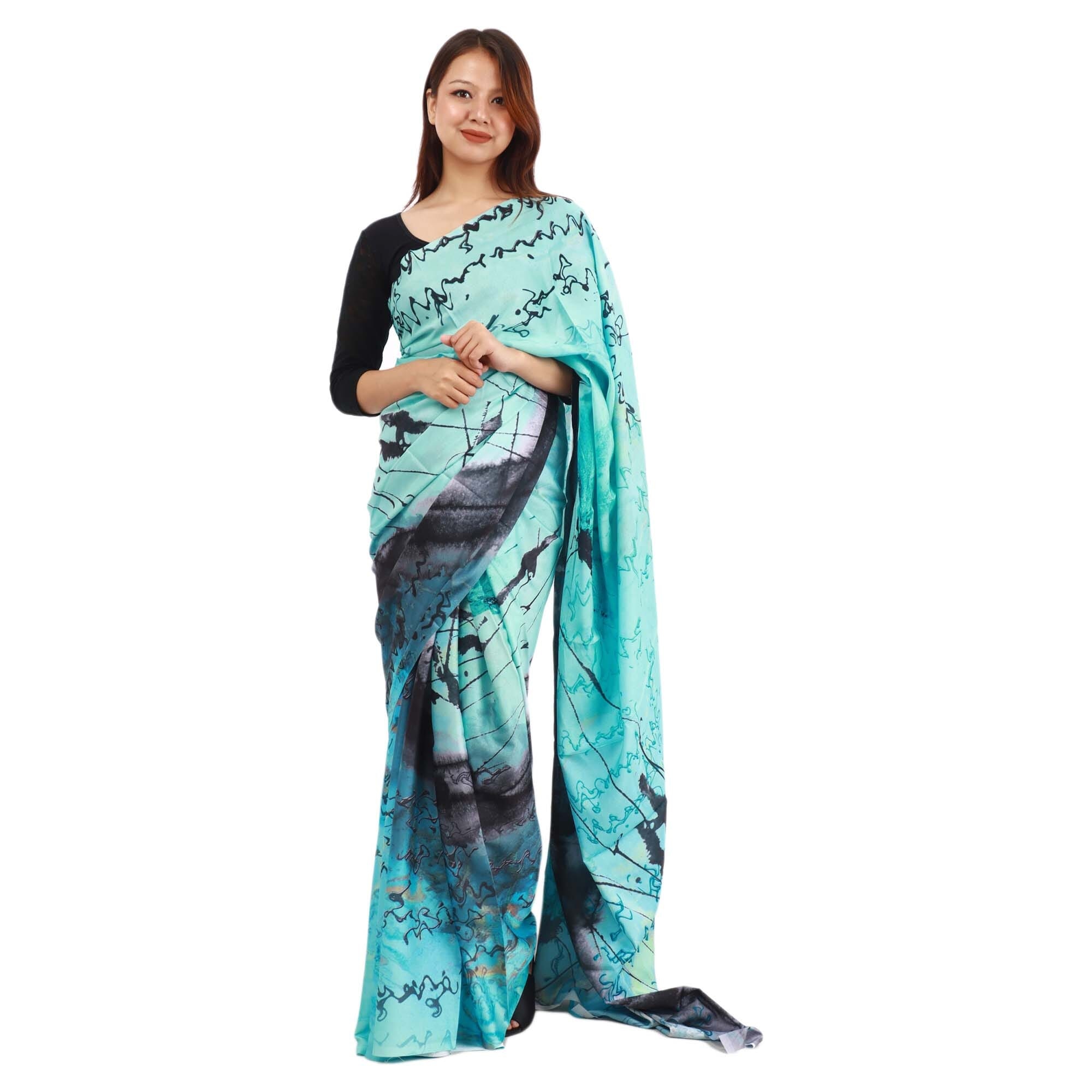 Blue Satin Silk Digital Printed Saree With Unstitched Blouse Set For Women 1