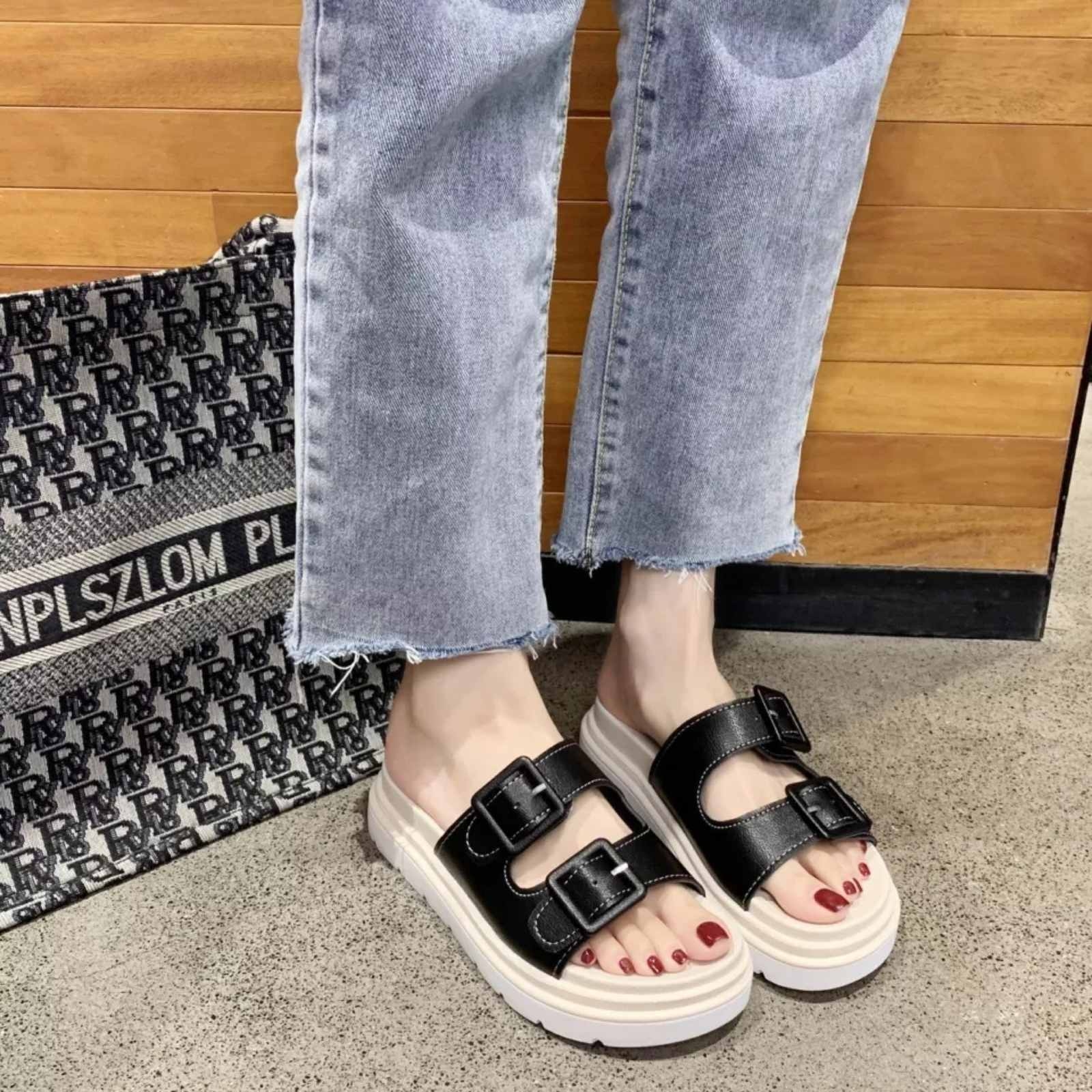 Newly Women Flat Sandals PU Footbed Casual Wedges Slip On Slides Slippers Shoes Thick Soft Sole - Fashion | 1