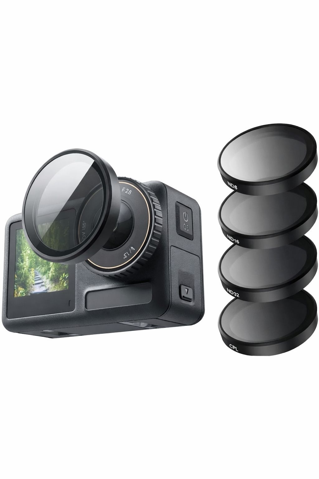 TELESIN Camera Filters Set designed for DJI Action 5 Pro/4/3 cameras, including a Circular Polarizer (CPL) and Neutral Density (ND) filters (ND8, ND16, ND32). 1