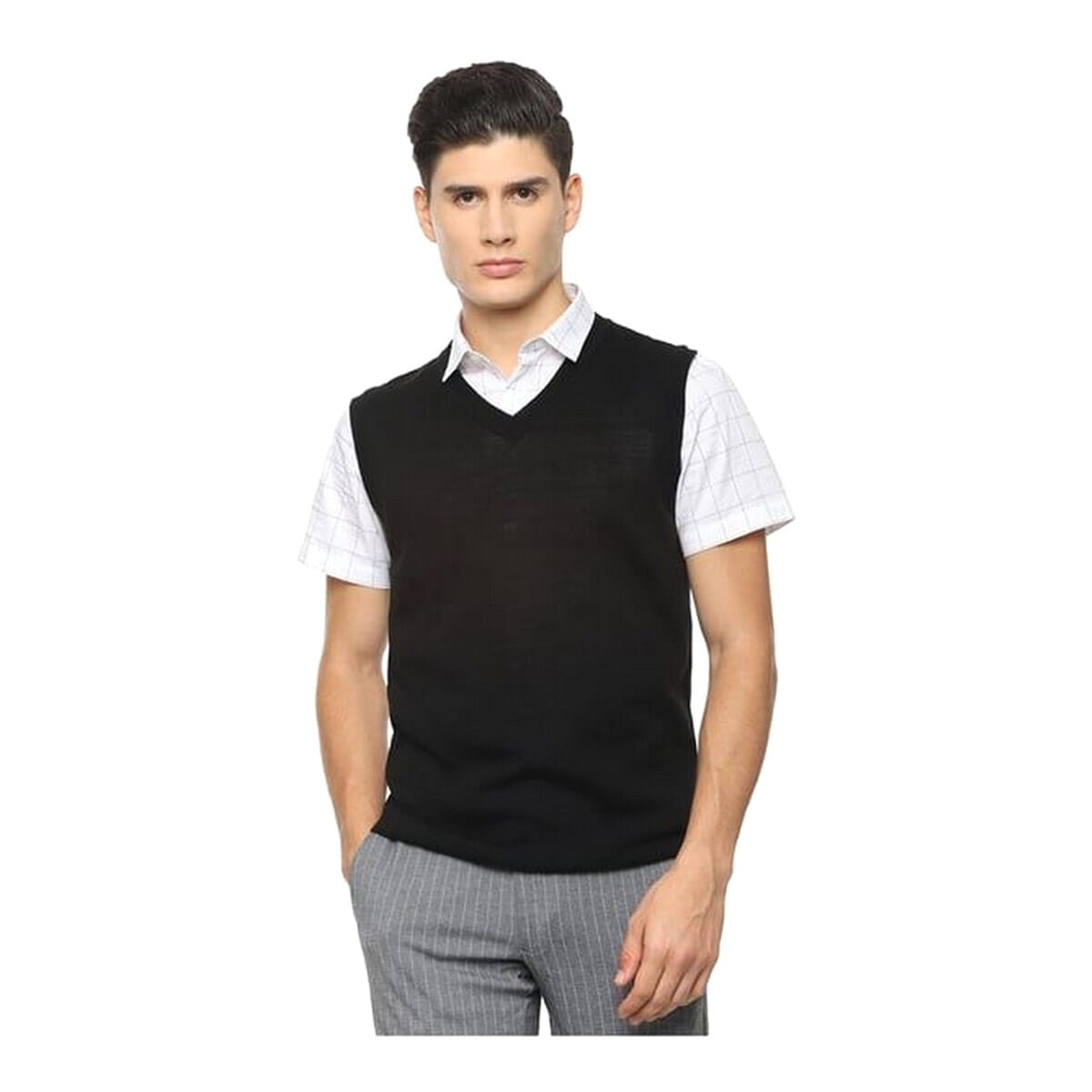 Unisex Solid V Neck Formal Black Half Sleeve Woolen Sweater For School/college 1