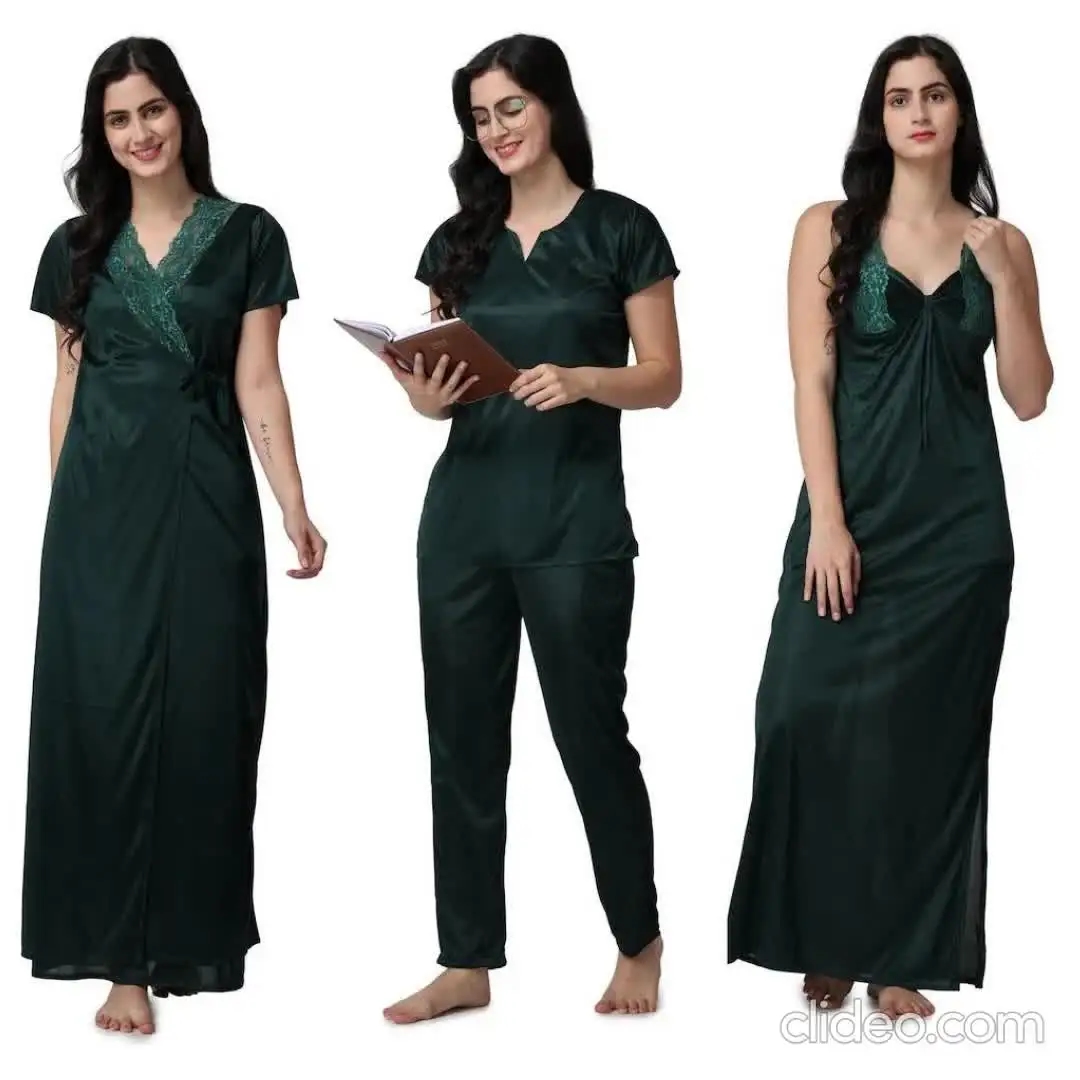Silk Bridal Nightgown Set Stylish Fancy Bridal Nighty Set For Women Free Size Army Green Color 2