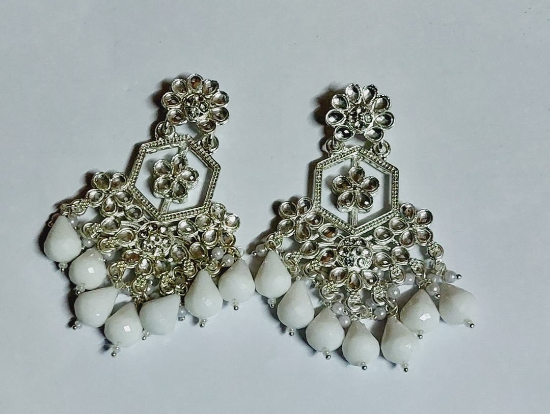 VaryGood White Beads Silver Color Floral Pattern Jhumka Earrings For Women 1