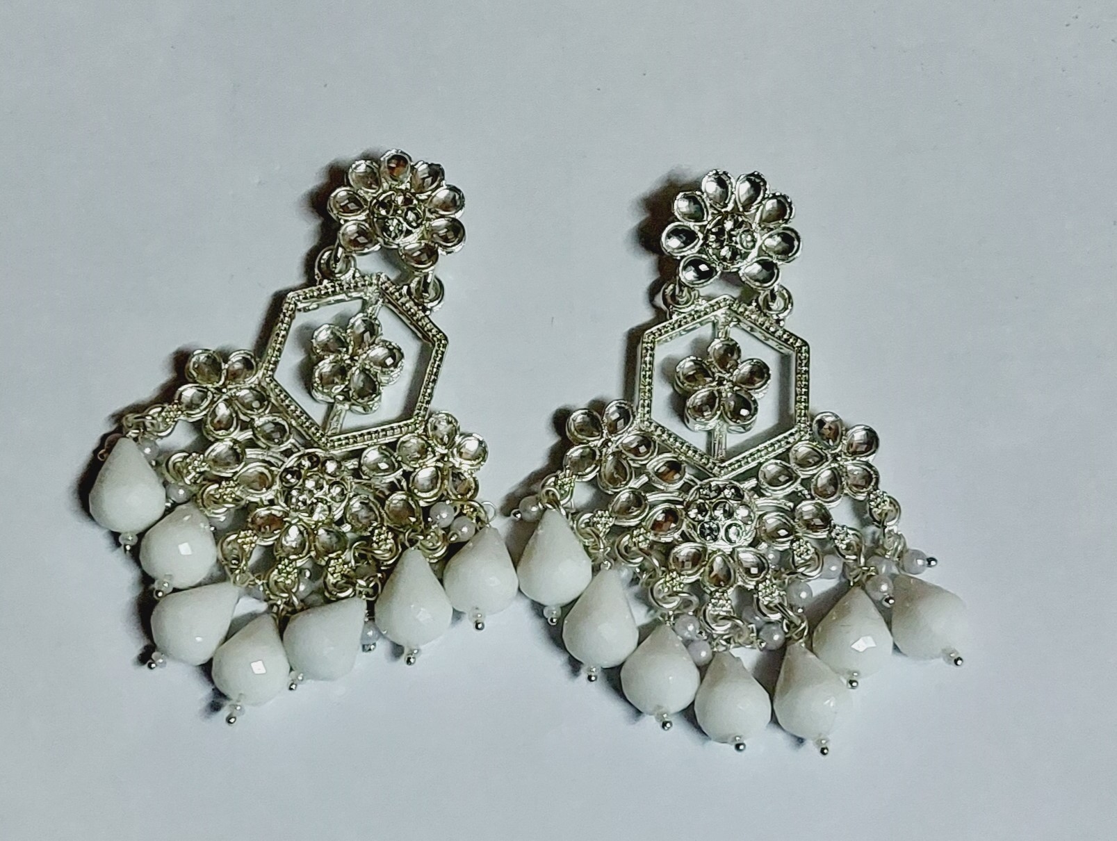 VaryGood White Beads Silver Color Floral Pattern Jhumka Earrings For Women 1