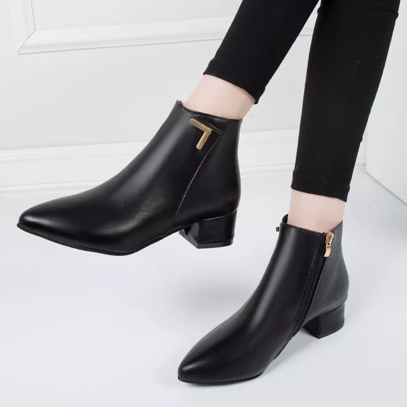 2022 Fashion Women Boots Casual Leather Low High Spring Shoes Women Pointed Toe Ankle Black Boots 1