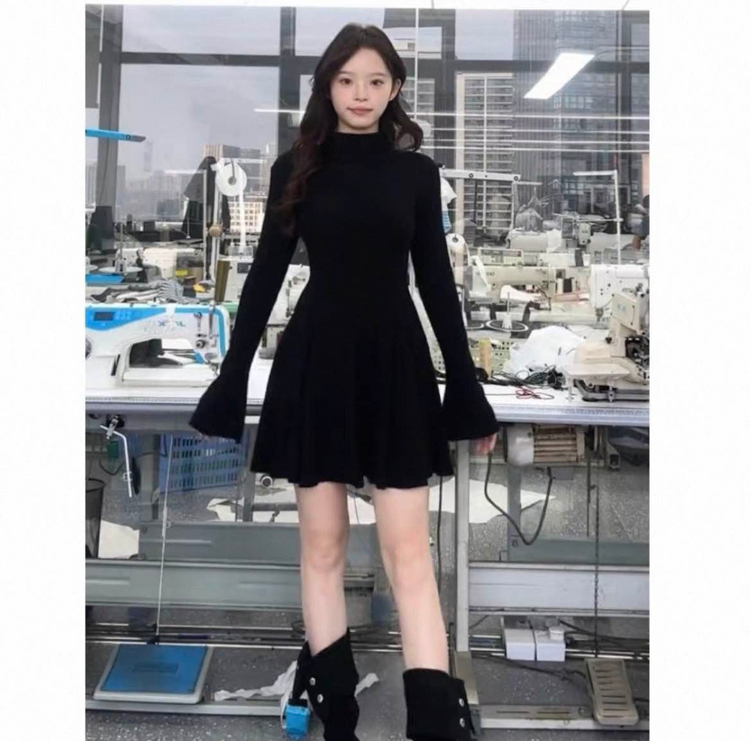 Women Rib Knitted Solid Color Dress Flare Sleeve Elastic Slim Mini Free Size Women Dresses 1