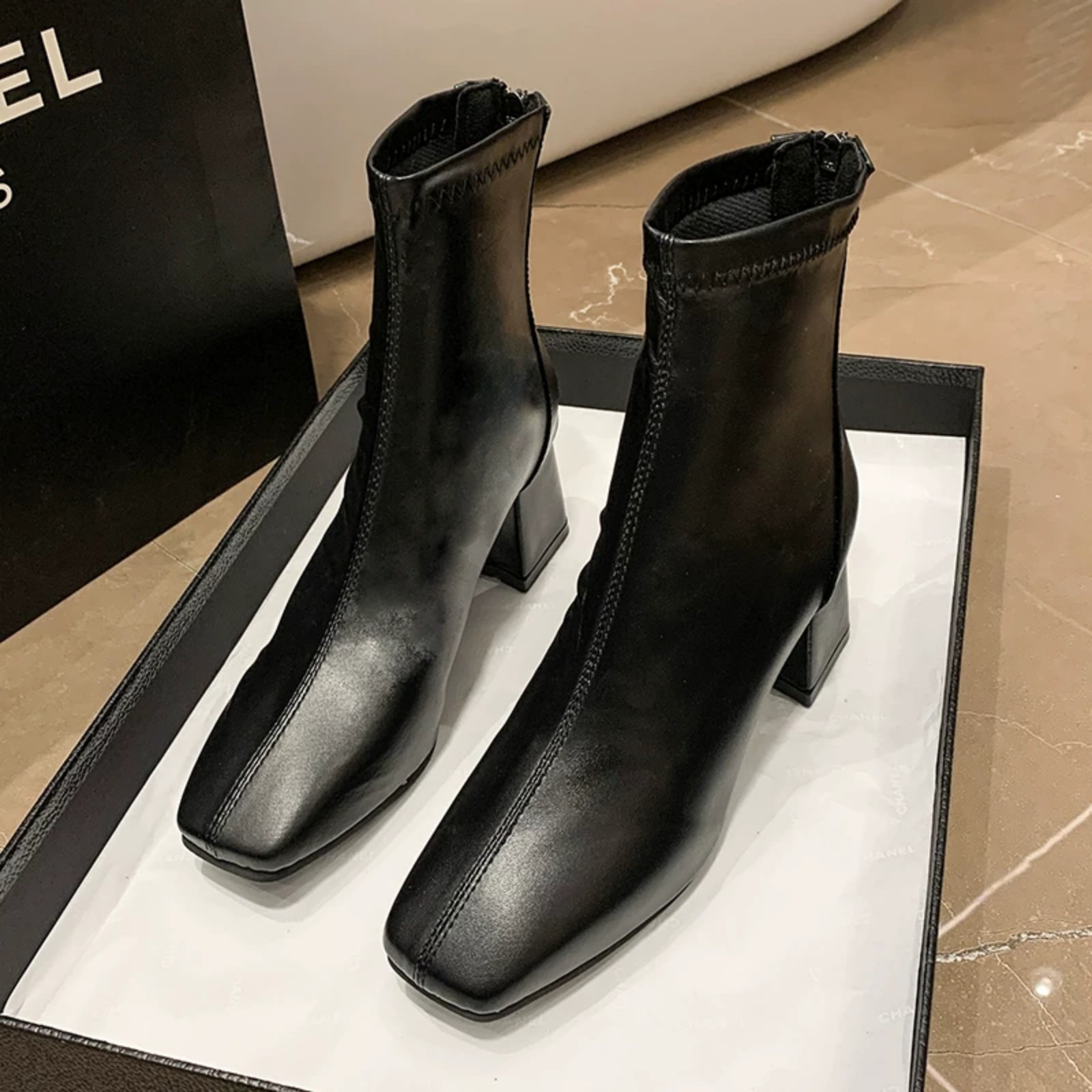 2025 Premium Luxury Black Leather Calf Boots for Women – Elegant Square Toe Block Heel, Korean Fashion Autumn & Winter Boots 1