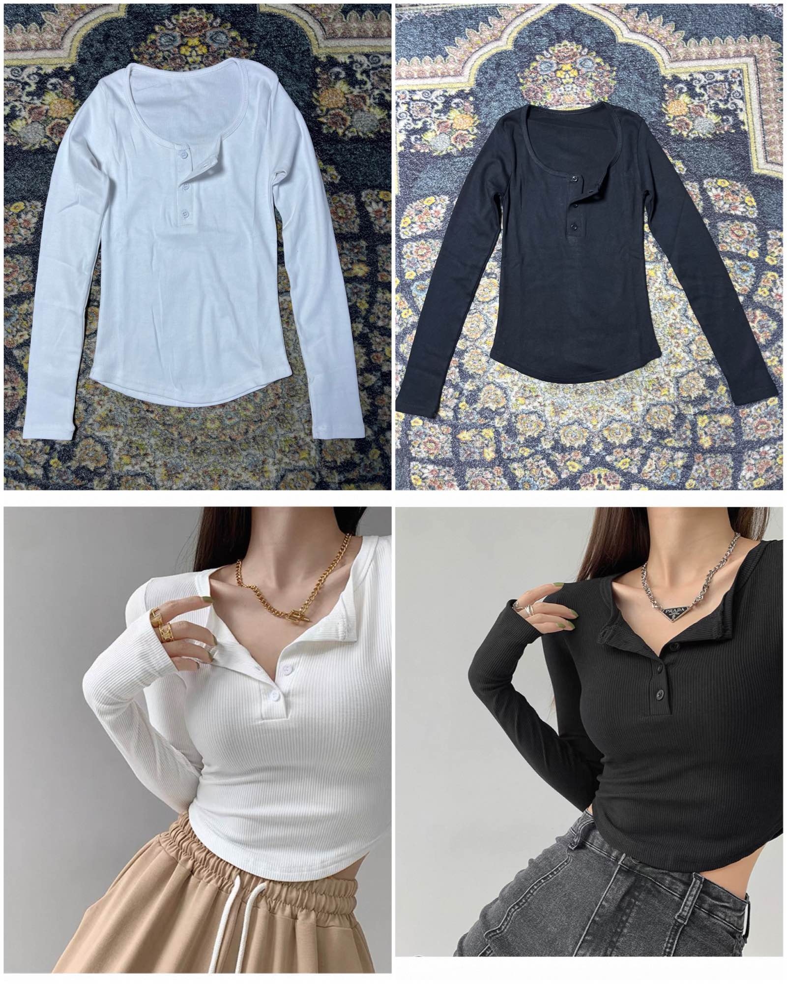 New Summer Special Plain Full Sleeve Henley 3 half Bottom T shirt For Women 1