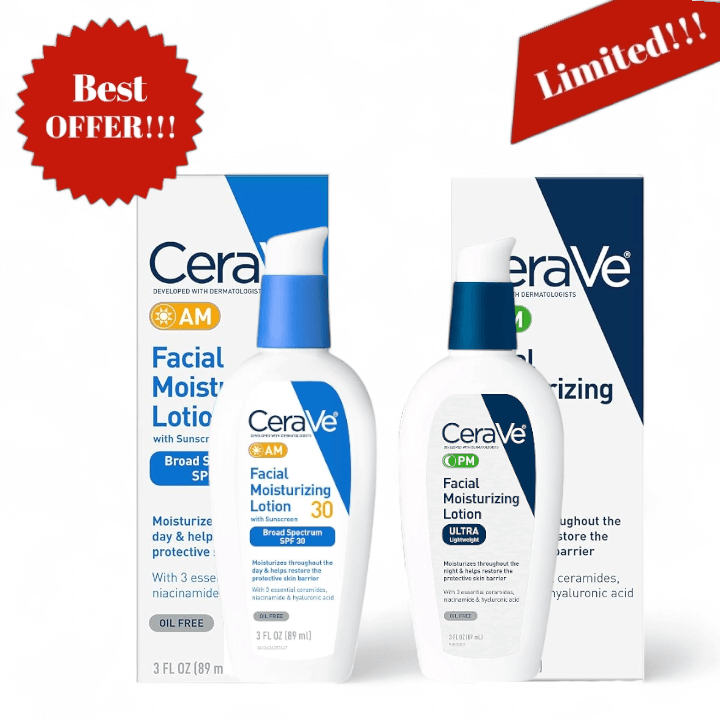 CeraVe AM Facial Moisturizing Lotion with SPF 30 and PM Moisturizing Lotion Set  89ml Each 1