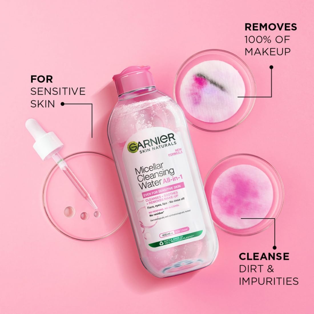 Garnier Micellar Cleansing Water For Sensitive Skin | Make-Up Remover & Cleanser - Removes makeup, dirt & impurities & Hydrates Skin 400ml 4