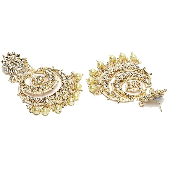 raditional Gold Plated Big Chandbali Kundan & Pearl Earring Set With Maang Tikka for Women 3