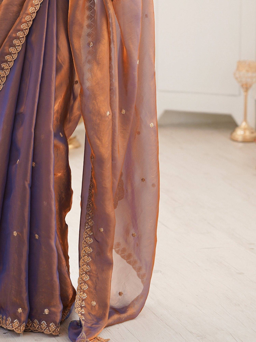 Women's Paper Silk Rose Gold Embellished Designer Saree With Unstitched Blouse 4