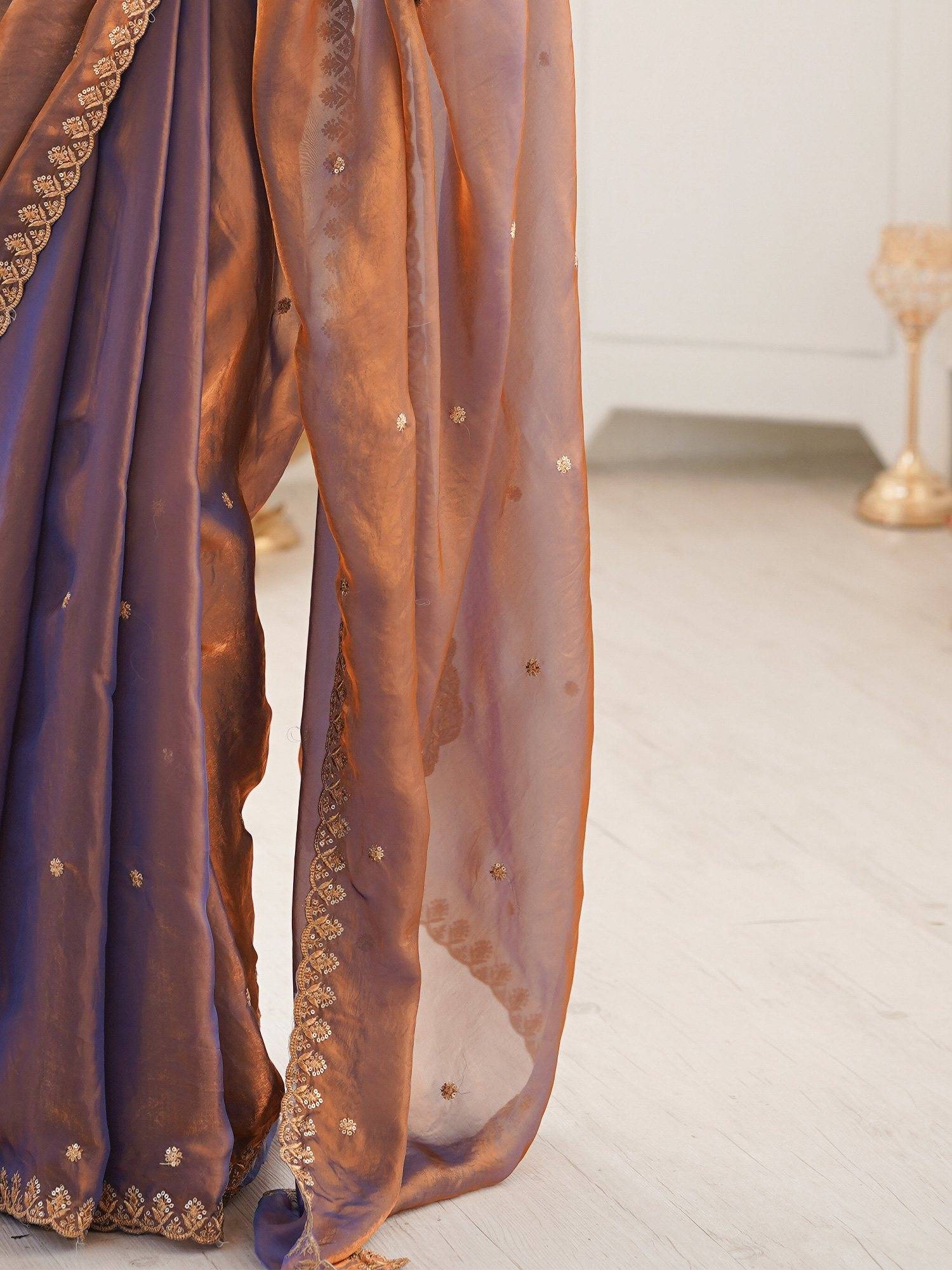 Women's Paper Silk Rose Gold Embellished Designer Saree With Unstitched Blouse 4