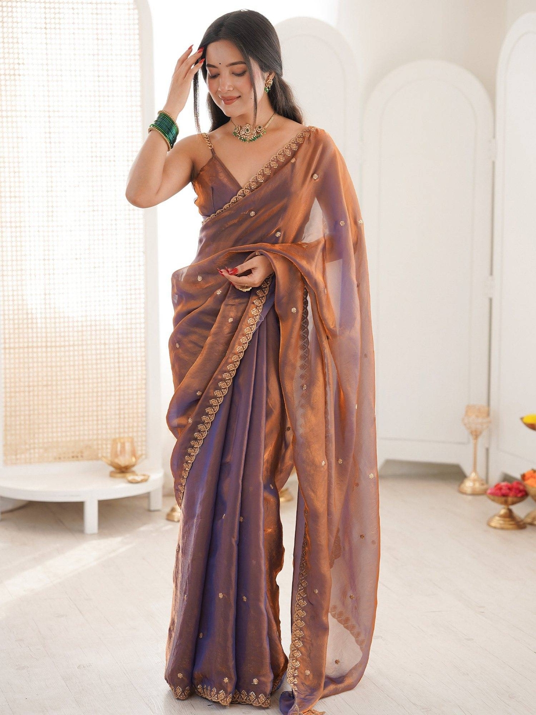Women's Paper Silk Rose Gold Embellished Designer Saree With Unstitched Blouse 2