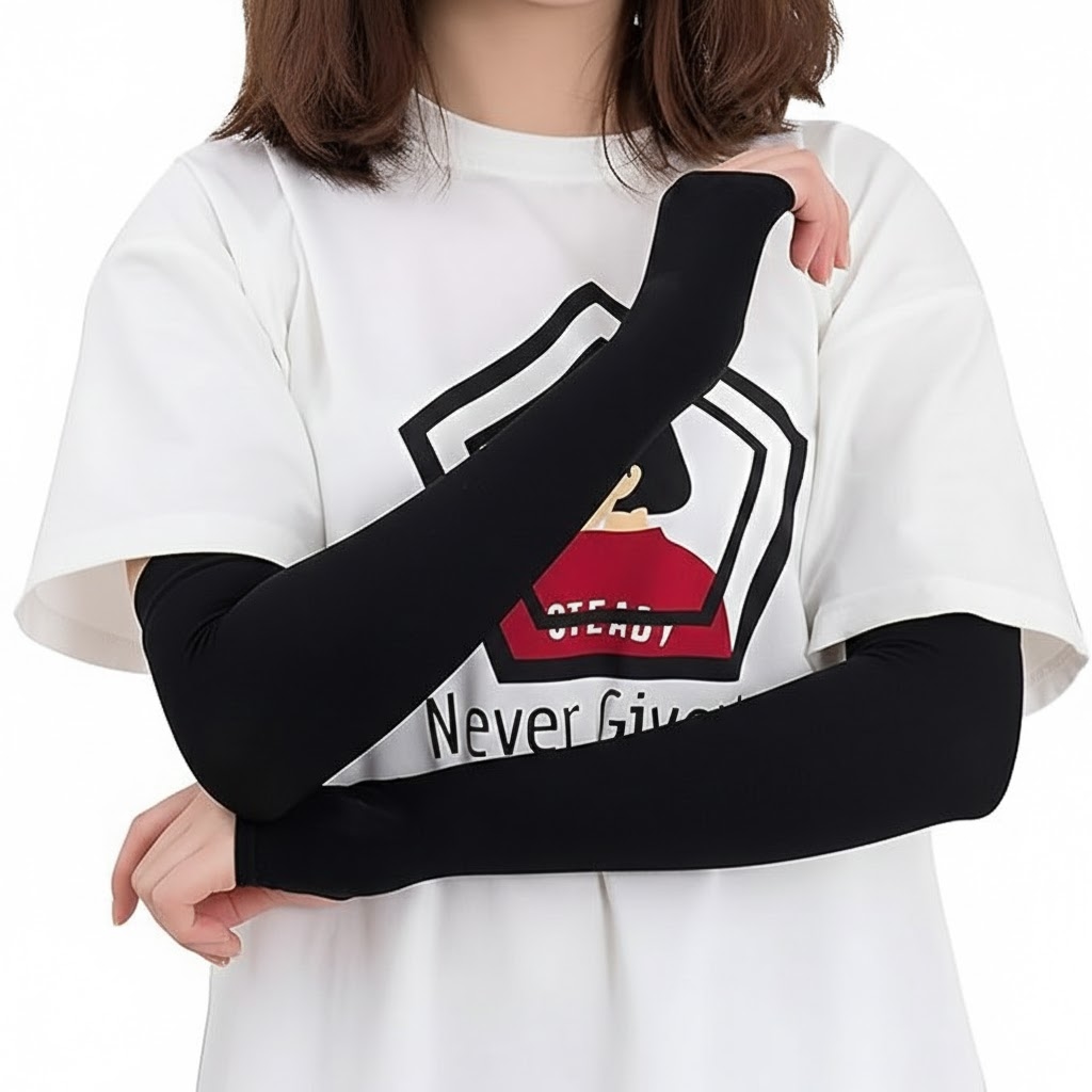 1 Pair Arm Sleeves Fit Thumb Stretchable Hand Cover Arm Sleeves Black Color - Arm Sleeves 1