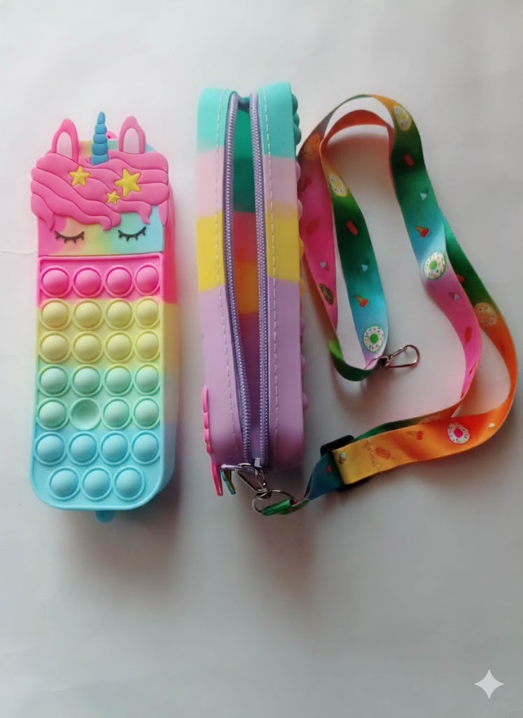 Unicorn Pop It Pencil Case,Silicone Rainbow Fidget Bubble Stationery Box with Adjustable Lanyard/Strap for Girls" 1