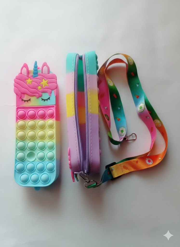 Unicorn Pop It Pencil Case,Silicone Rainbow Fidget Bubble Stationery Box with Adjustable Lanyard/Strap for Girls" 2