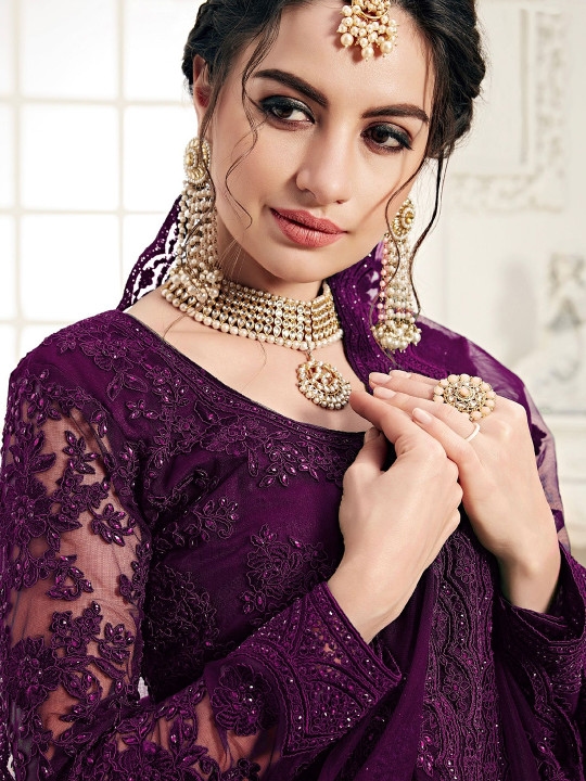 Embroidered Self Design Net Semi Stitched Lehenga Choli For Women - Wine Color | Fashion Net Lehenga For Women 6