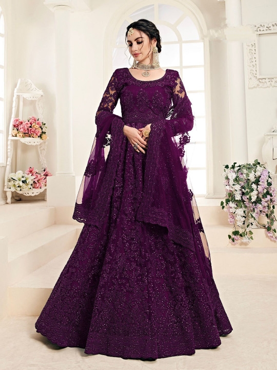 Embroidered Self Design Net Semi Stitched Lehenga Choli For Women - Wine Color | Fashion Net Lehenga For Women 4