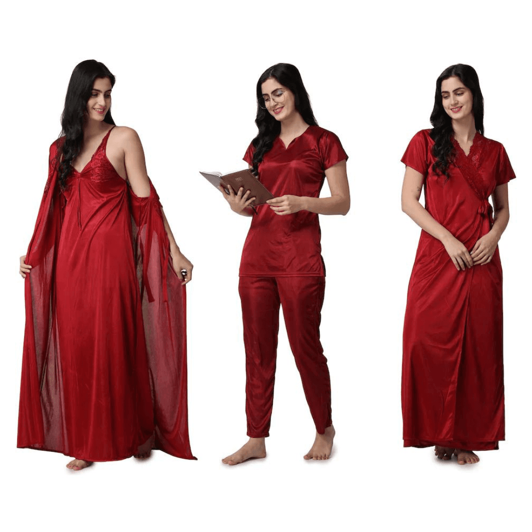 Silk Bridal Nightgown Set Stylish Fancy Bridal Nighty Set For Women Free Size Maroon Color