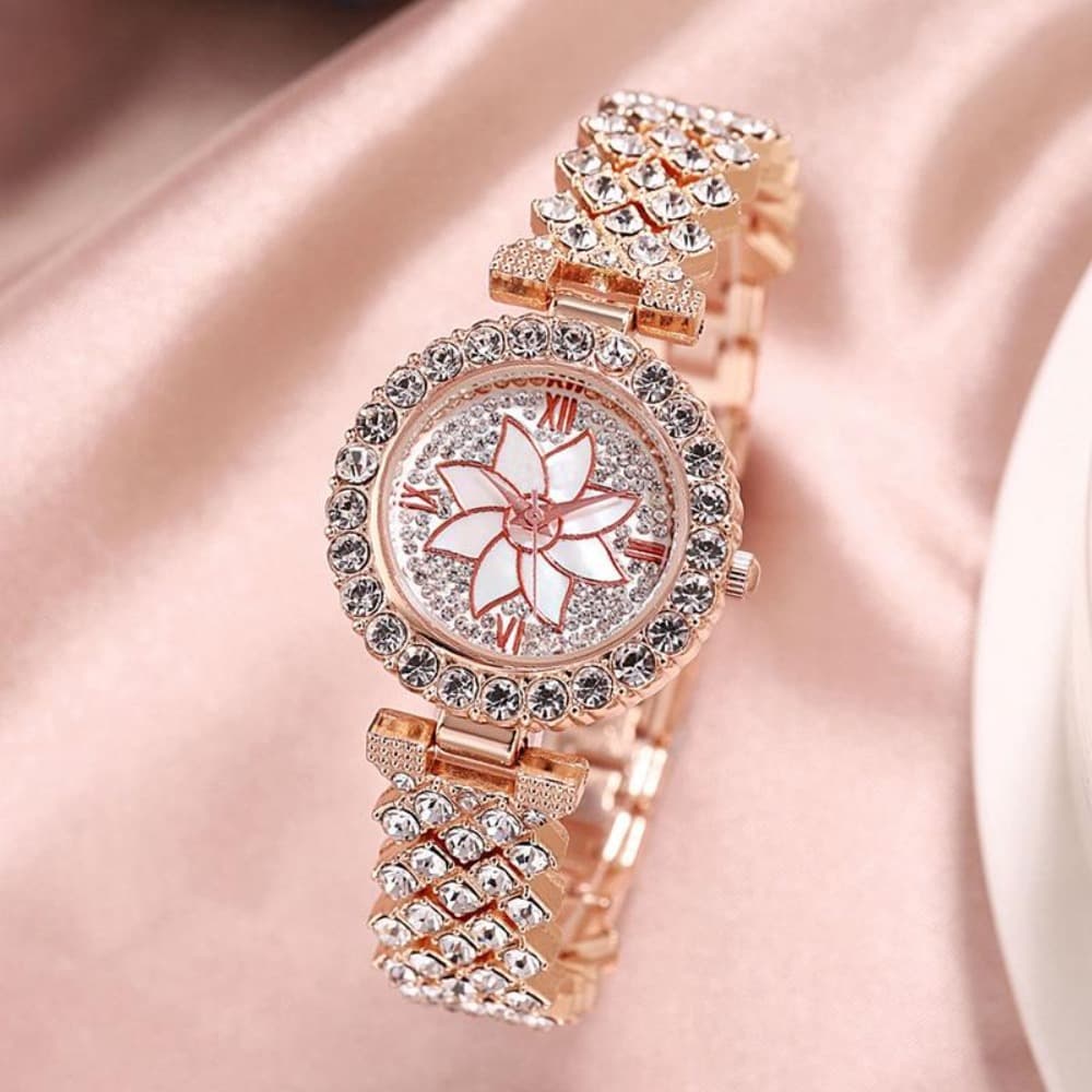 Elegant With Bracelet Gypsophila Watch Rose Gold Bling Bling Flower Diamond Watch Alloy Ladies Watch 4