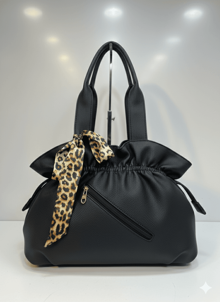Elegant Black Tote Bag with Decorative Scarf