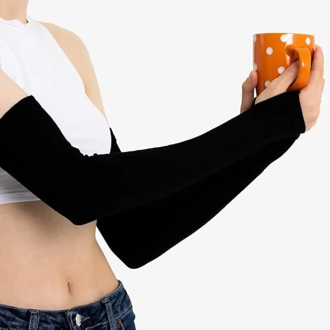 black Let's Slim brand unisex UV protection cooling arm sleeves with a half-finger glove 5