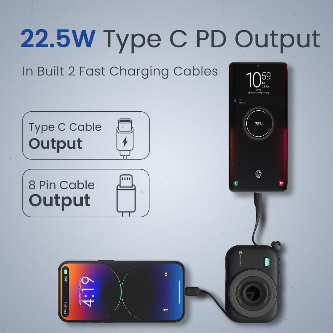 Portronics Power Shutter  15W Wireless Charging | 22.5W Type C PD Output | In Built Type C & 8 Pin Cable | LED Display 5