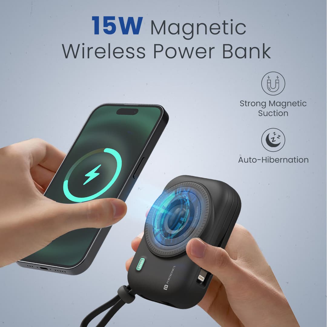 Portronics Power Shutter  15W Wireless Charging | 22.5W Type C PD Output | In Built Type C & 8 Pin Cable | LED Display 3