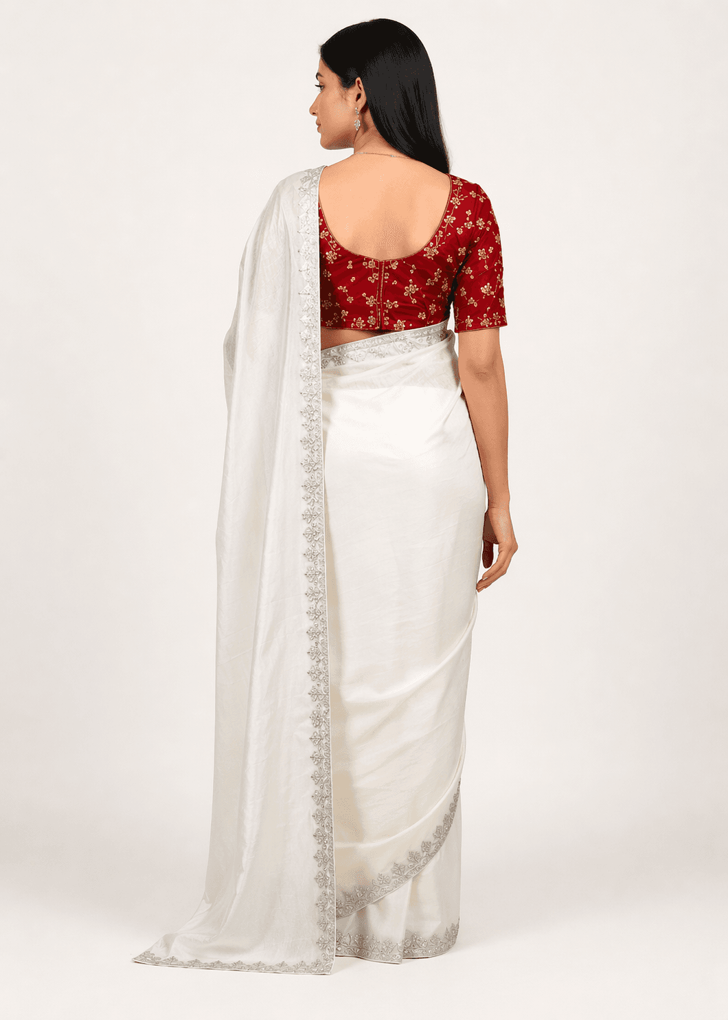 Elegant Silver Blue Georgette Saree with Sequin Work & Designer Blouse White 1