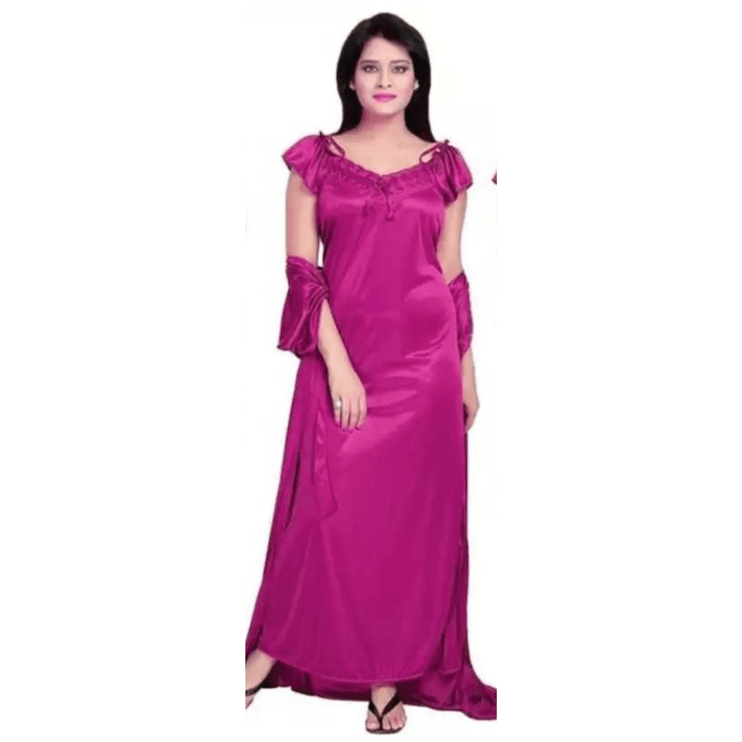 Silk Bridal Nightgown Set Stylish Fancy Bridal Nighty Set For Women Free Size ( Magenta Color)  2