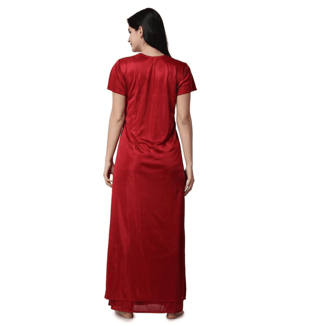 Silk Bridal Nightgown Set Stylish Fancy Bridal Nighty Set For Women Free Size Maroon Color 2