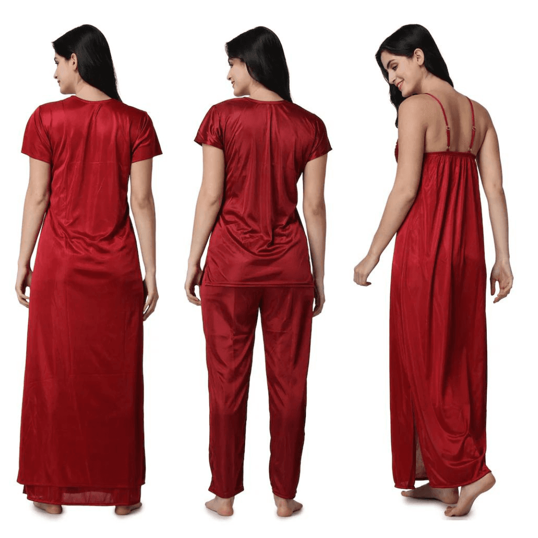Silk Bridal Nightgown Set Stylish Fancy Bridal Nighty Set For Women Free Size Maroon Color 1