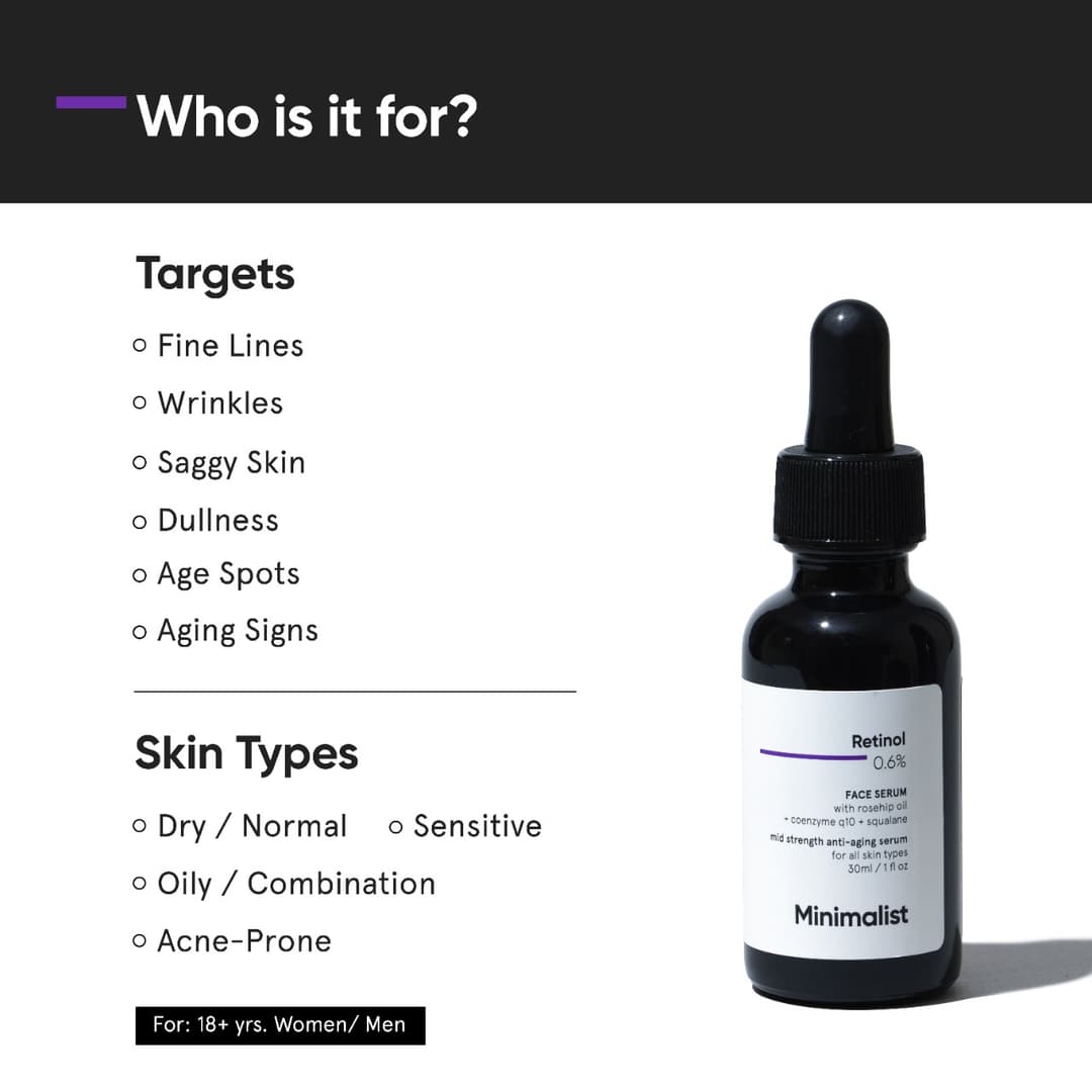 Minimalist 0.6% Retinol Serum For Anti Aging | Antioxidant Effects with Coenzyme Q10 | Reduces Fine Lines & Wrinkles | Mid Strength | 1 Fl Oz / 30 ml 1