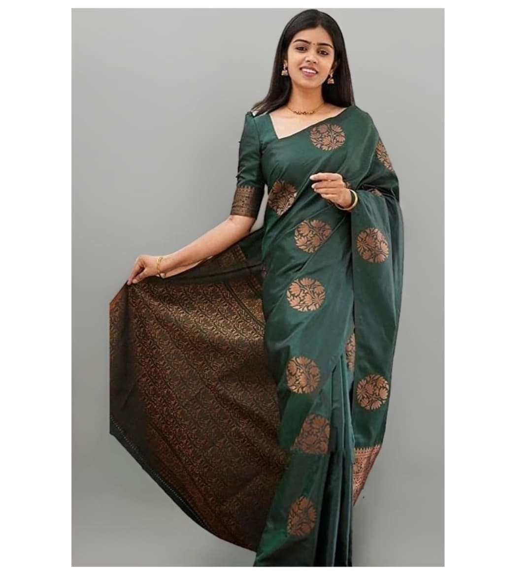 Awafu  Banarasi Cotton Silk Saree With Attached Blouse( Green ) 2
