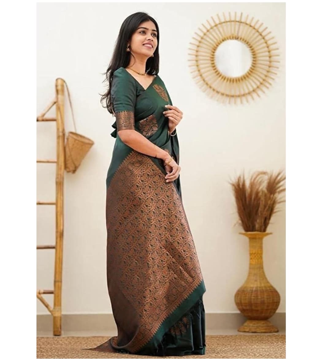 Awafu  Banarasi Cotton Silk Saree With Attached Blouse( Green ) 3