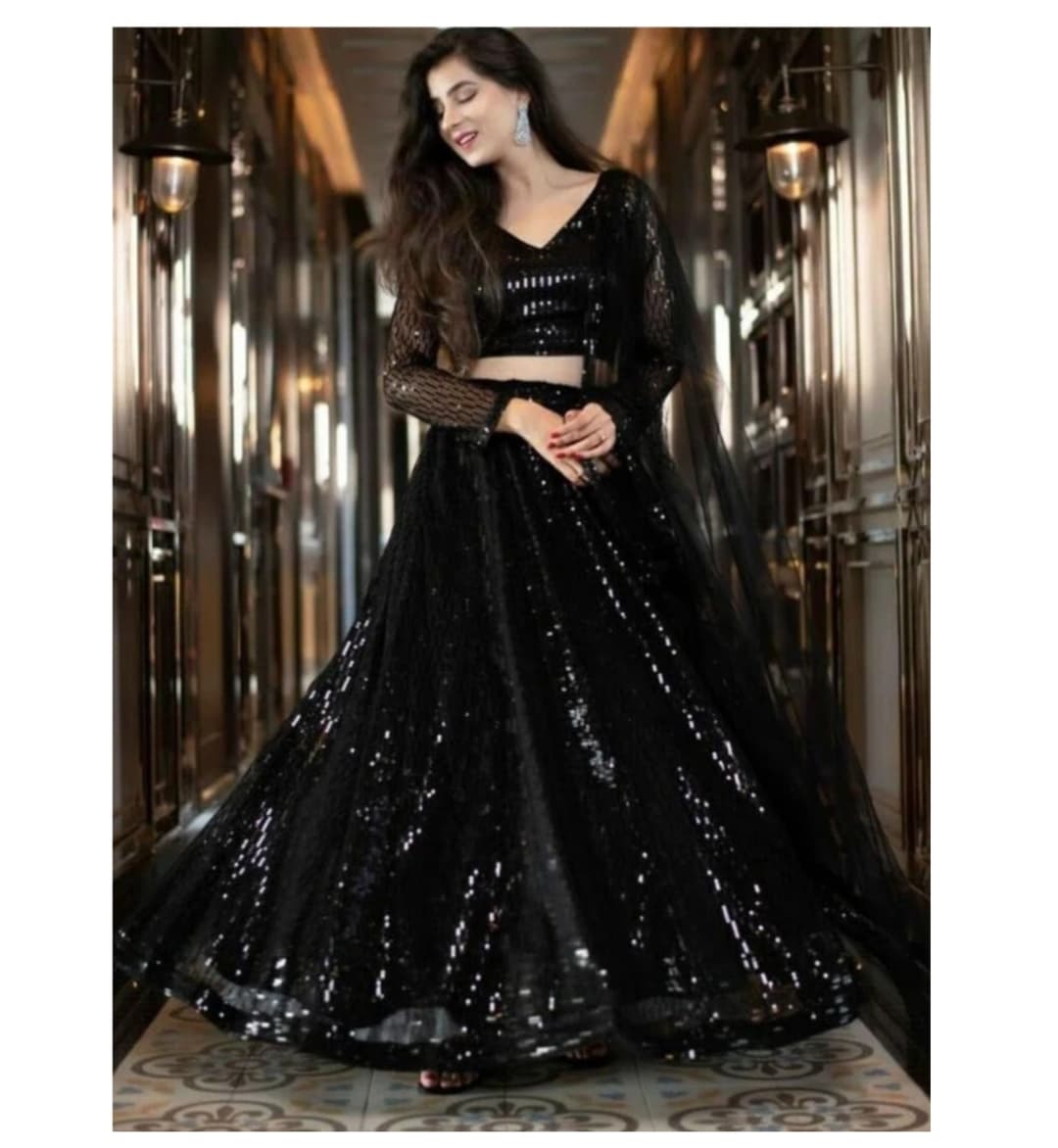 Awafu Embroidered Semi Stitched Lehenga Choli ( Black ) 1