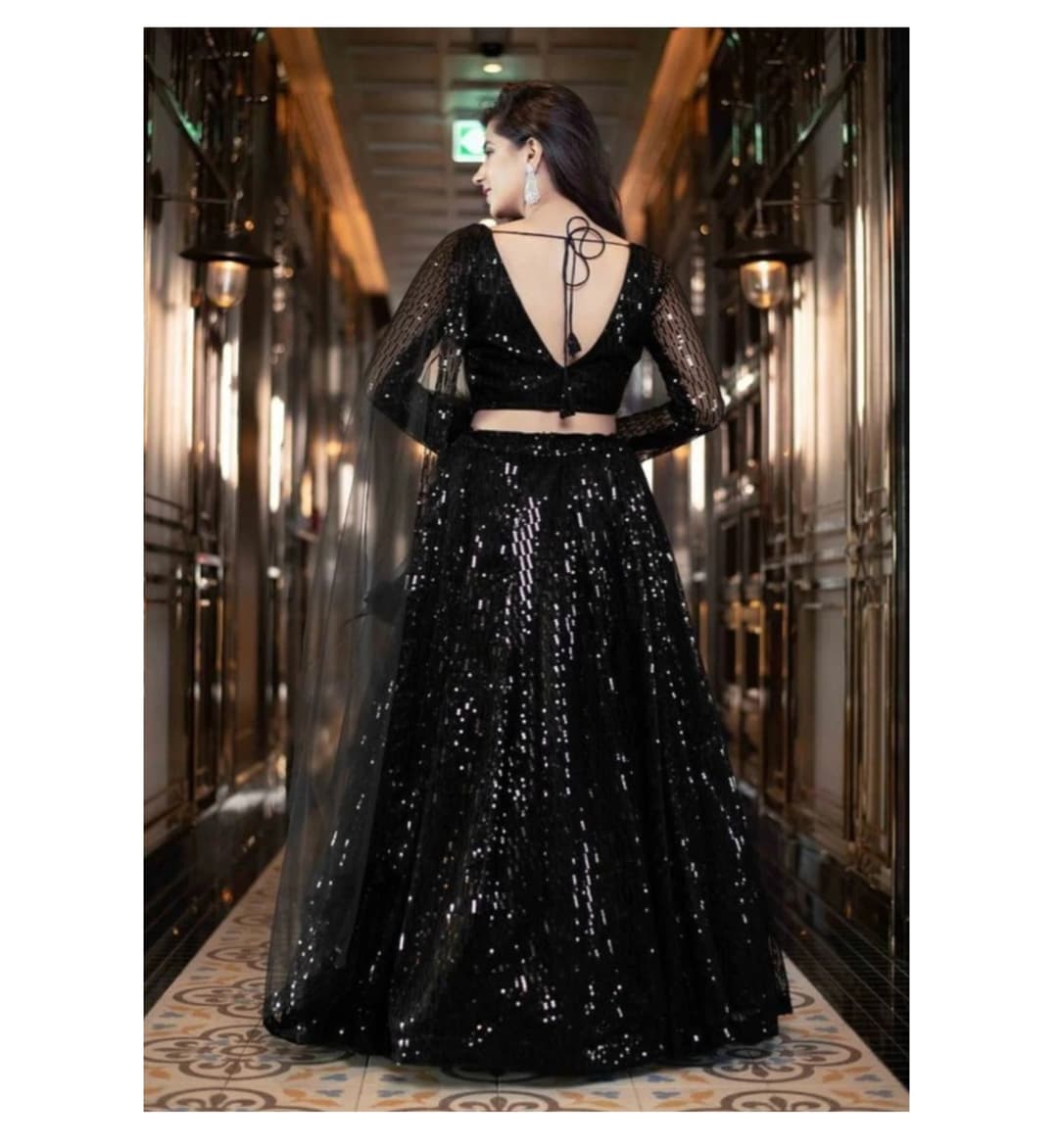 Awafu Embroidered Semi Stitched Lehenga Choli ( Black ) 2