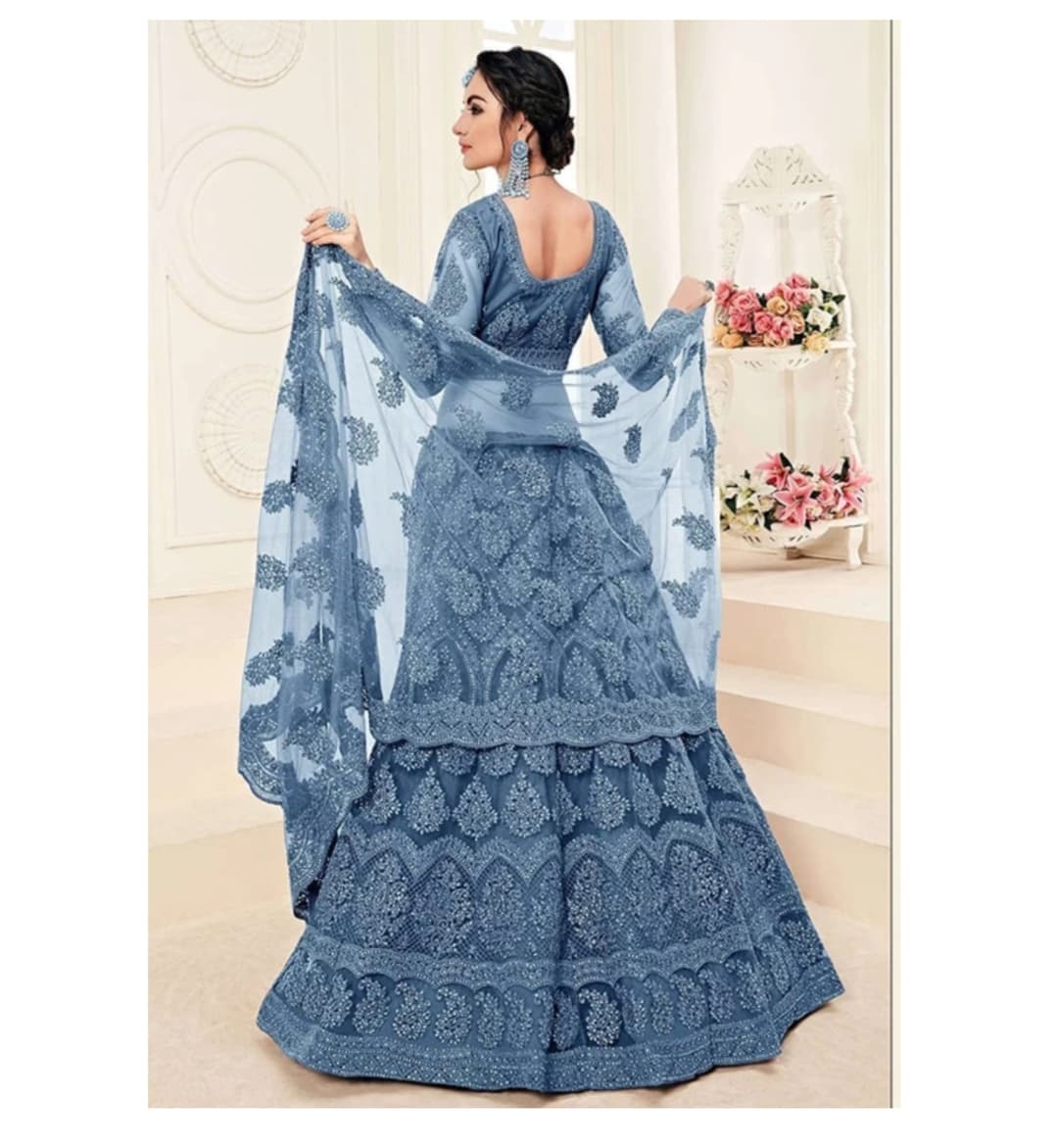 Awafu Embroidered Semi Stitched Lehenga Choli ( Light Blue ) 2